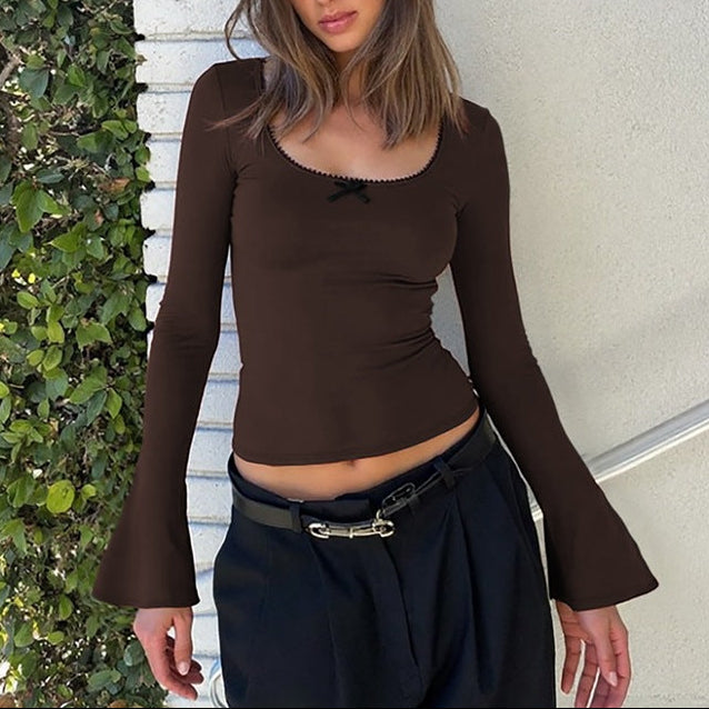 Y2K Square Neck Bow Fitted Long Sleeve Crop Top