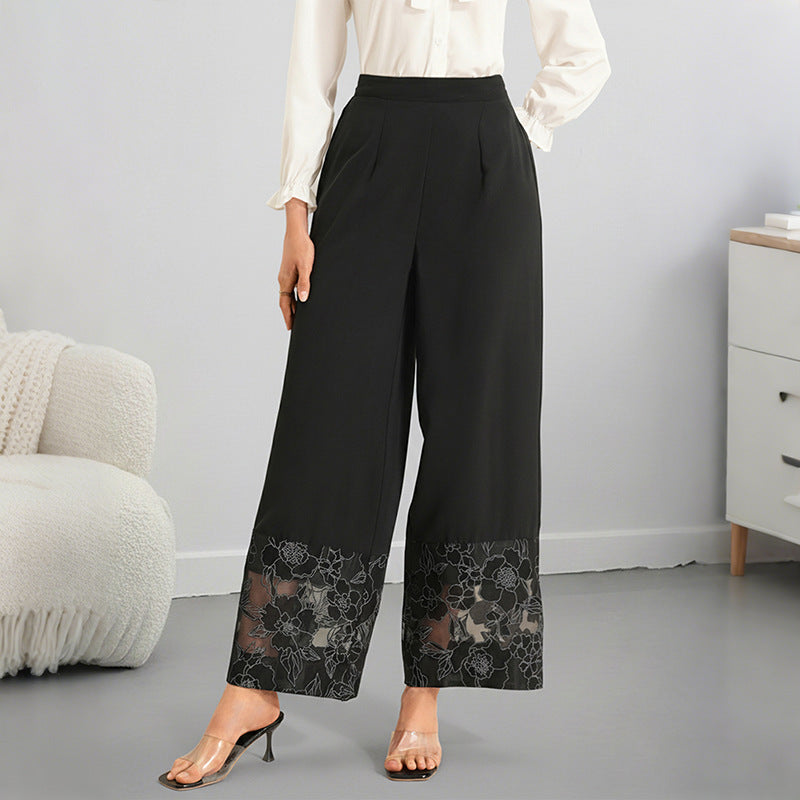 Women's Lace Hem Wide Leg Pants Black Casual Trousers
