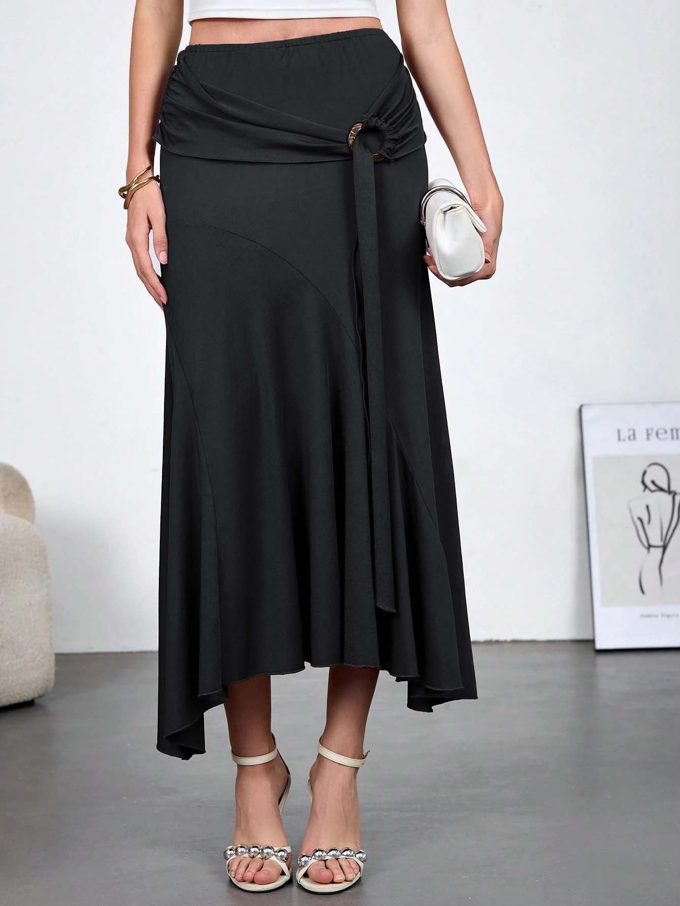 Asymmetrical High Waist Maxi Skirt with Ring Detail