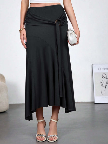Asymmetrical High Waist Maxi Skirt with Ring Detail
