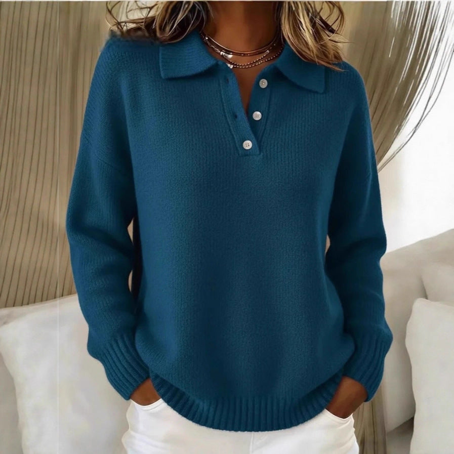 Oversized Polo Knit Sweater with Button Front Collar
