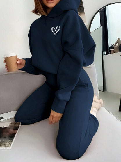 Women's Heart Embroidered Hoodie Wide Leg Sweatpants Set