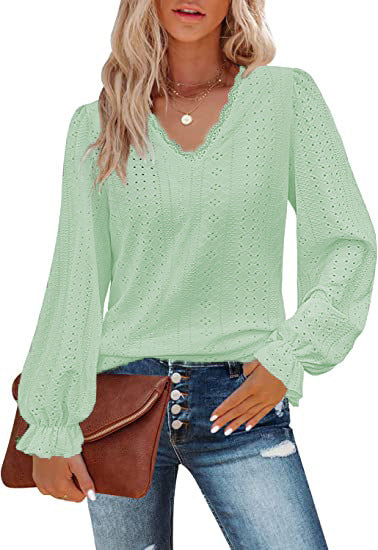 Women's Eyelet V-Neck Puff Sleeve Lace Blouse