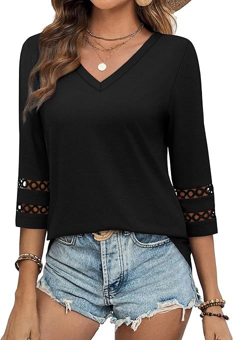 White V-Neck Lace Sleeve Casual Knit Top for Women