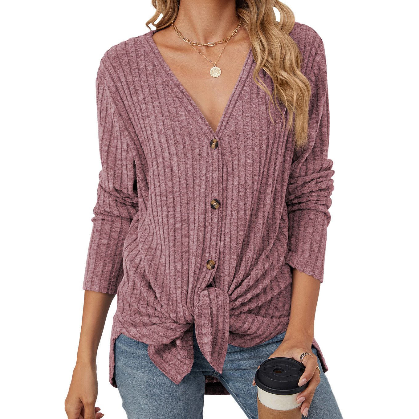 Womens V Neck Tie Front Button Up Long Sleeve Knit Cardigan
