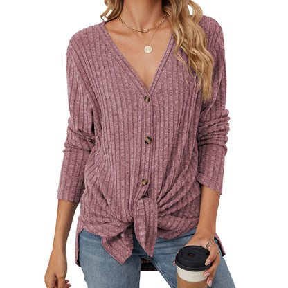 Womens V Neck Tie Front Button Up Long Sleeve Knit Cardigan