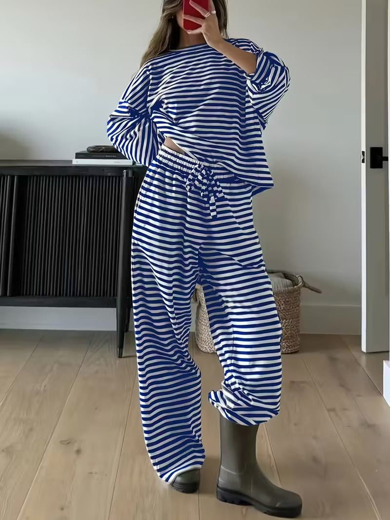Women's Striped Lounge Set Two Piece Wide Leg Pants