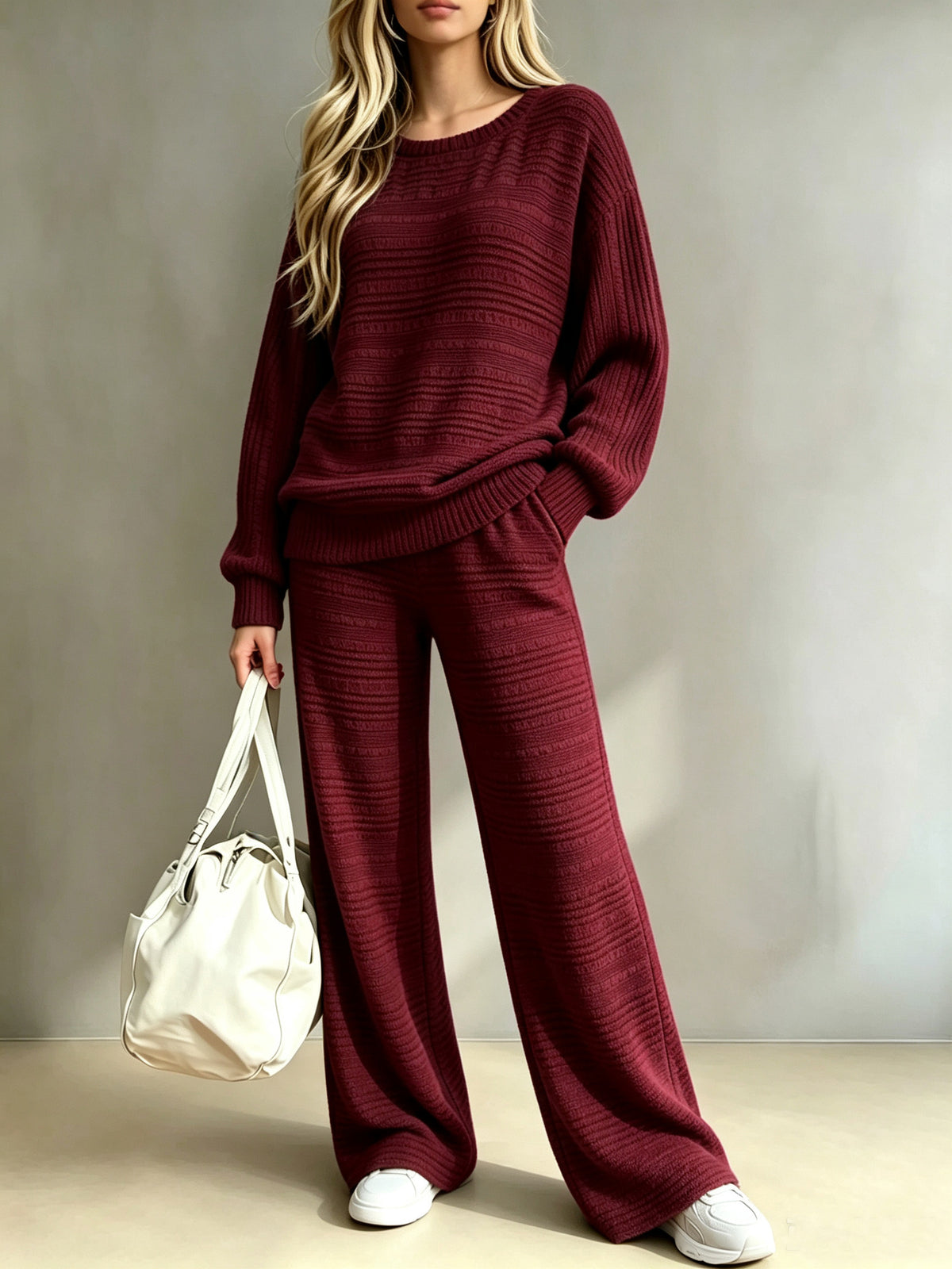 Women's Ribbed Knit Two Piece Set Wide Leg Pants