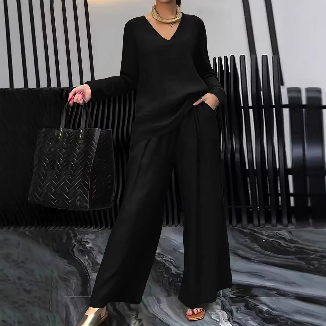 Women's Casual V-Neck Wide Leg Pants 2 Piece Matching Set