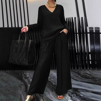 Women's Casual V-Neck Wide Leg Pants 2 Piece Matching Set