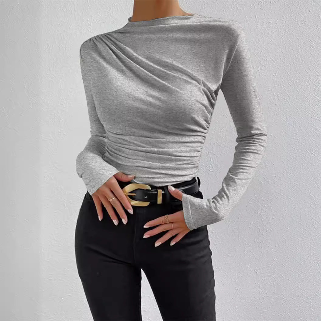 Ruched Mock Neck Fitted Long Sleeve Layering Top