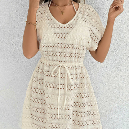 Sheer Lace Drawstring Beach Cover Up with Bow Tie Waist