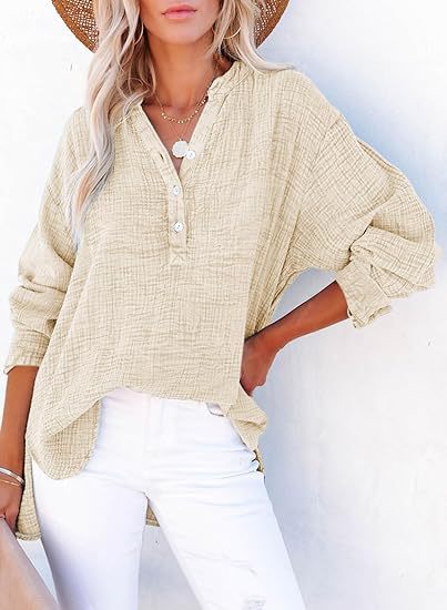 Cotton Gauze Henley Long Sleeve Relaxed Fit Top