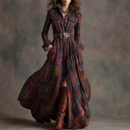 Plus Size Plaid Maxi Shirt Dress Belted Long Sleeve