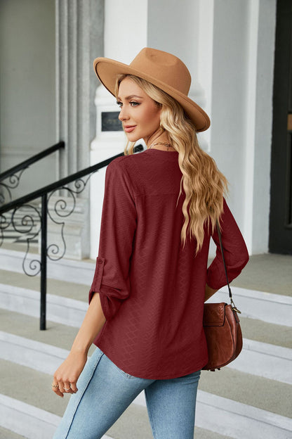 Womens V Neck 3/4 Sleeve Button Loose Tunic Top
