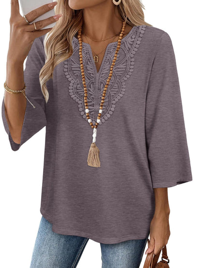 Women's V-Neck Lace Trim Loose Casual Blouse