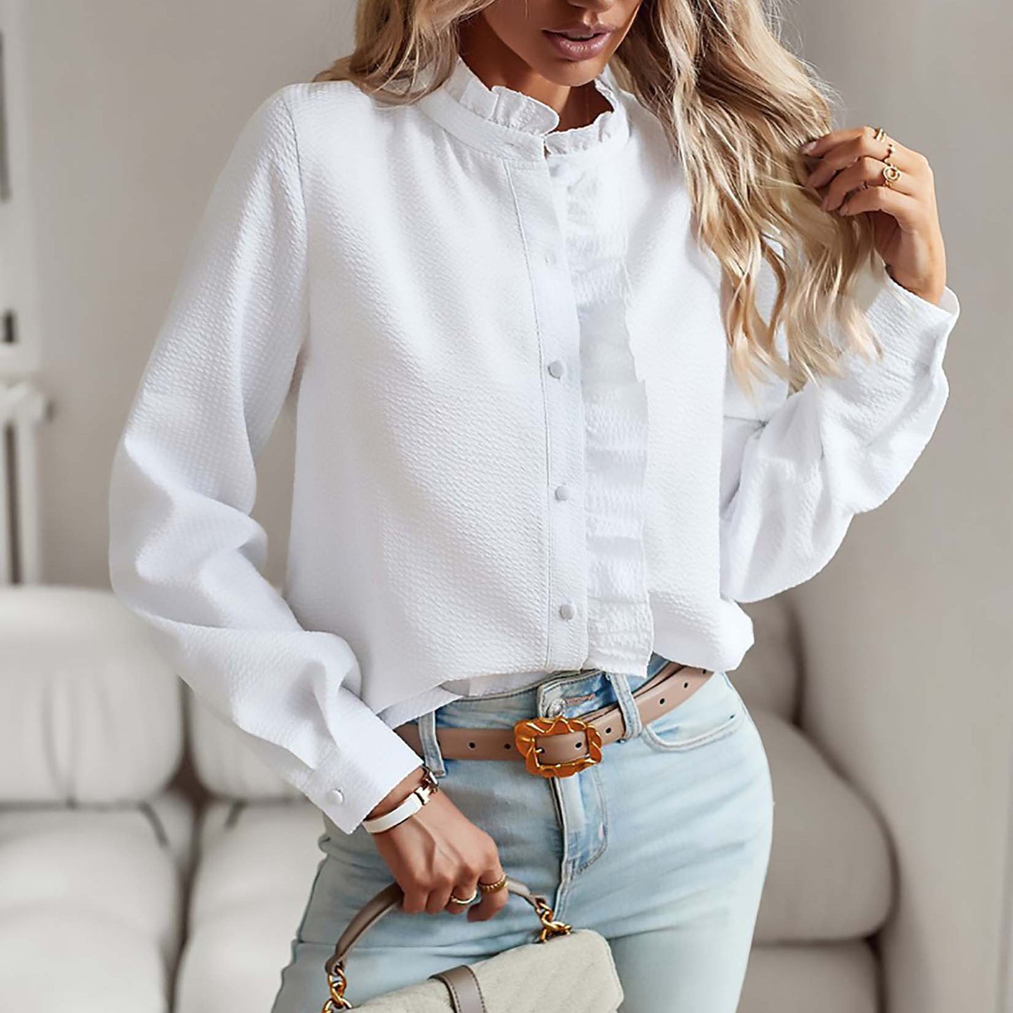 Women's Ruffle Striped Button Down Blouse Long Sleeve