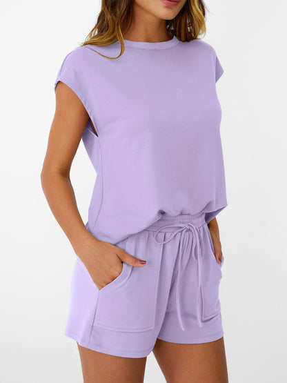 Solid Knit Shorts Set Crew Neck Pocket Lounge Outfit