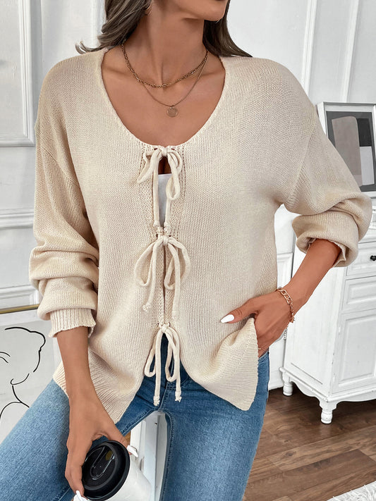 Sweet Ribbon Tie Front Knit Cardigan Long Sleeve Casual Sweater