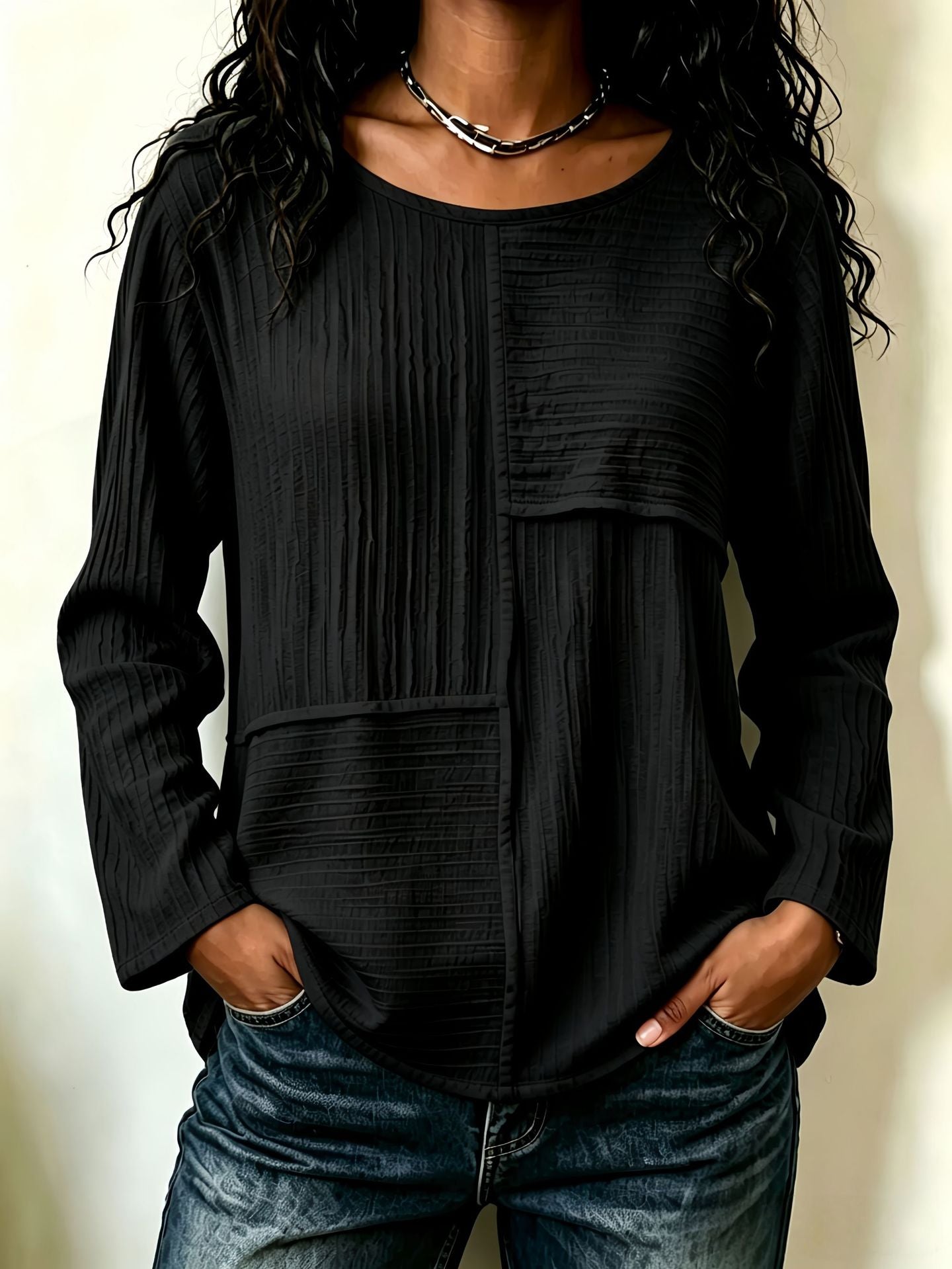 Women's Oversized Patchwork Crew Neck Long Sleeve Top