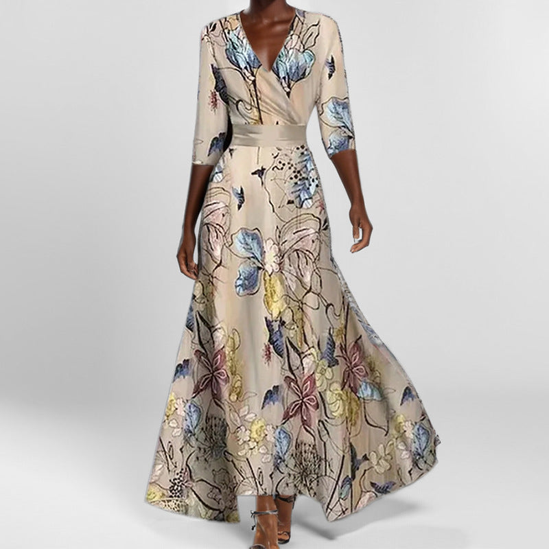 Floral V-Neck Maxi Dress Smocked Waist Half Sleeve