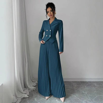 Women's 2 Piece Blazer Set Pleated Wide Leg Pants