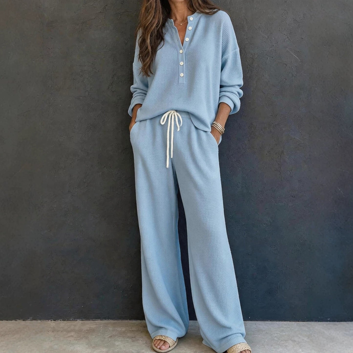 Waffle Knit Two Piece Lounge Set Wide Leg Pants