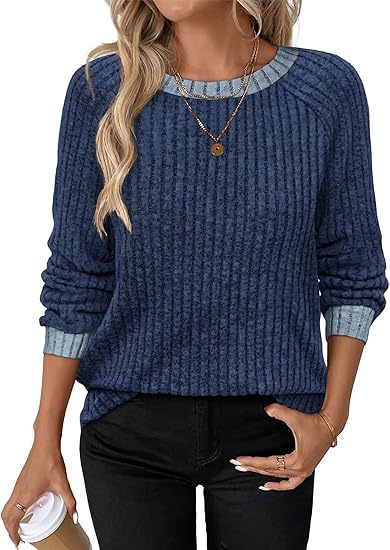 Women's Soft Ribbed Contrast Trim Long Sleeve Crew Neck Top