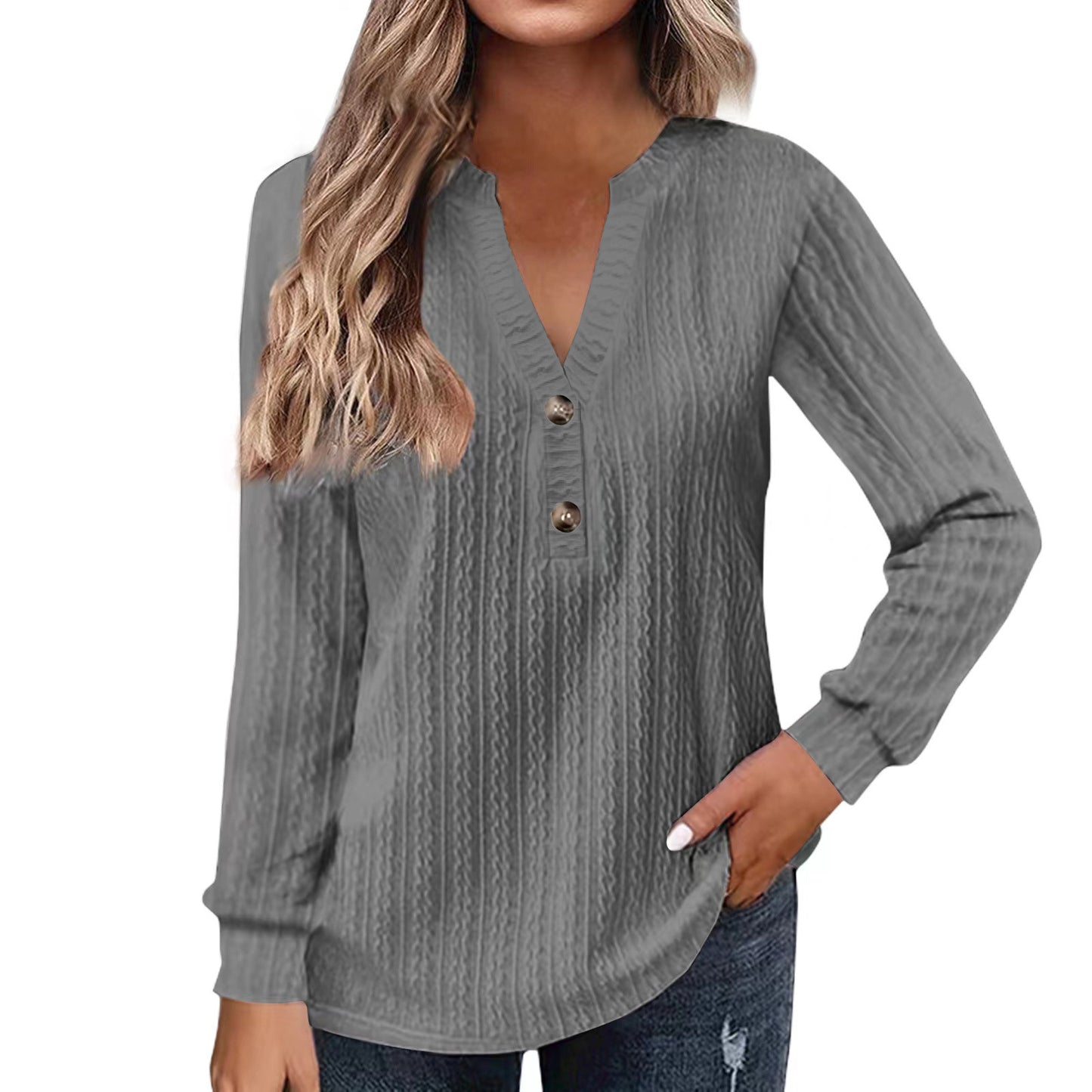 Women's Long Sleeve V Neck Button Front Casual Tunic Top