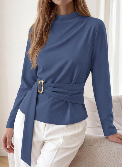 Burgundy Belted Mock Neck Slim Fit Long Sleeve Top