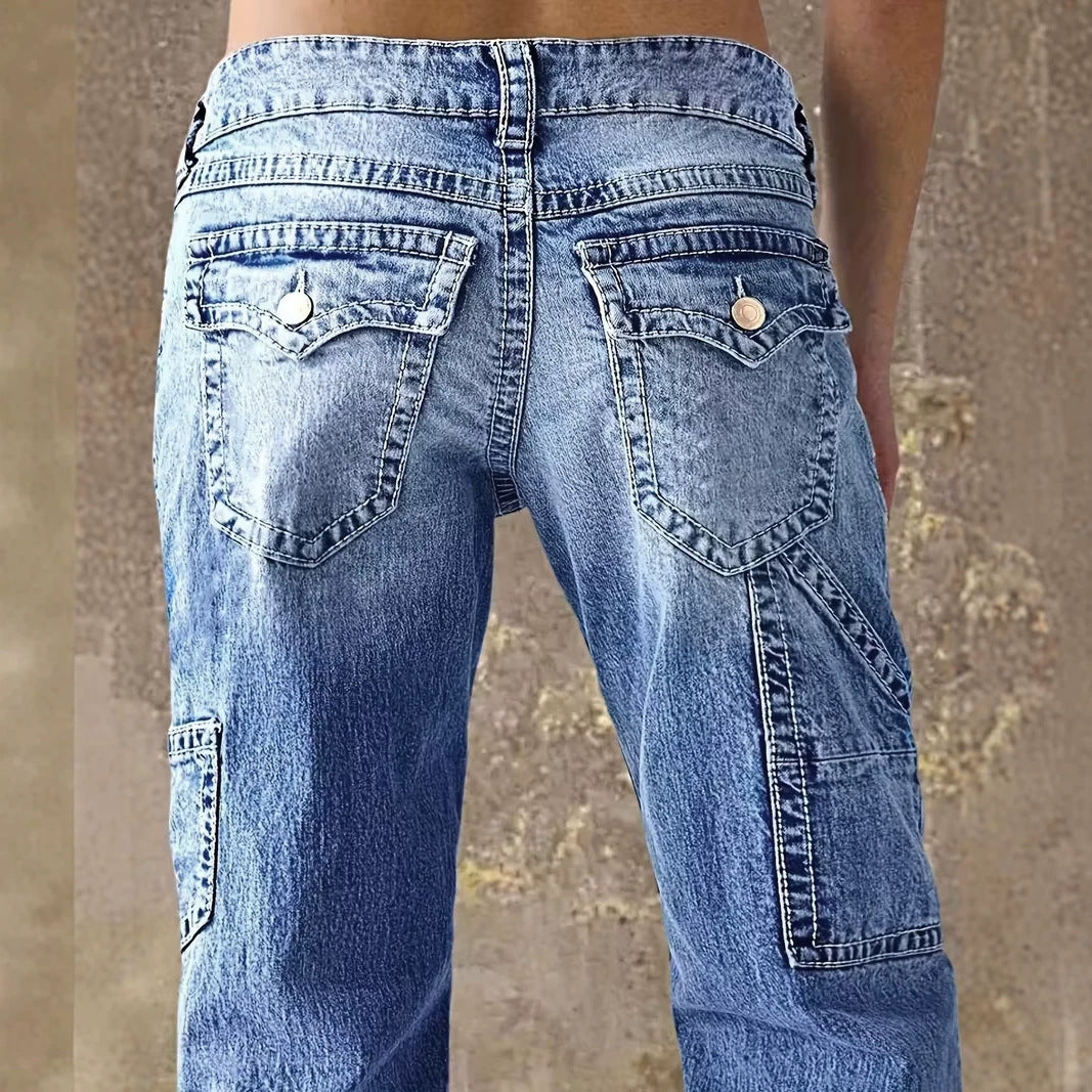 Washed Denim Cargo Wide Leg Jeans High Waist Vintage