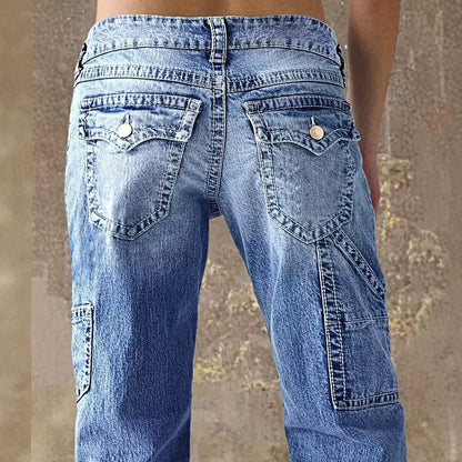 Washed Denim Cargo Wide Leg Jeans High Waist Vintage