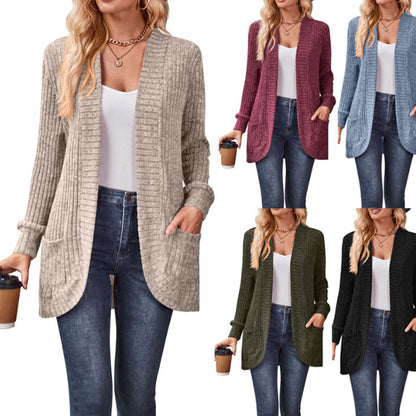 Women's Ribbed Open Front Cardigan with Pockets
