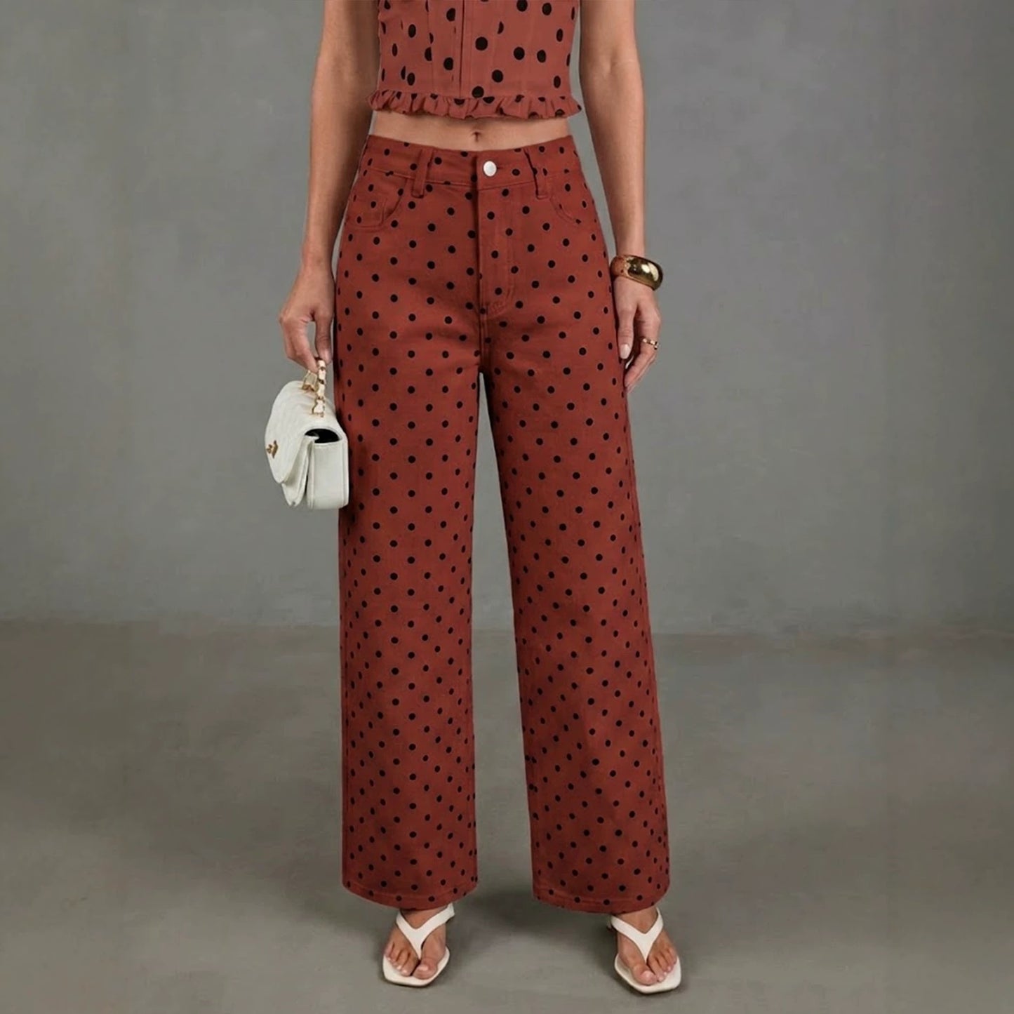 Women's Polka Dot High Waist Wide Leg Washed Denim Jeans