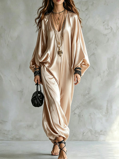 Women's Satin Wide Leg Jumpsuit V-Neck Batwing Plus Size