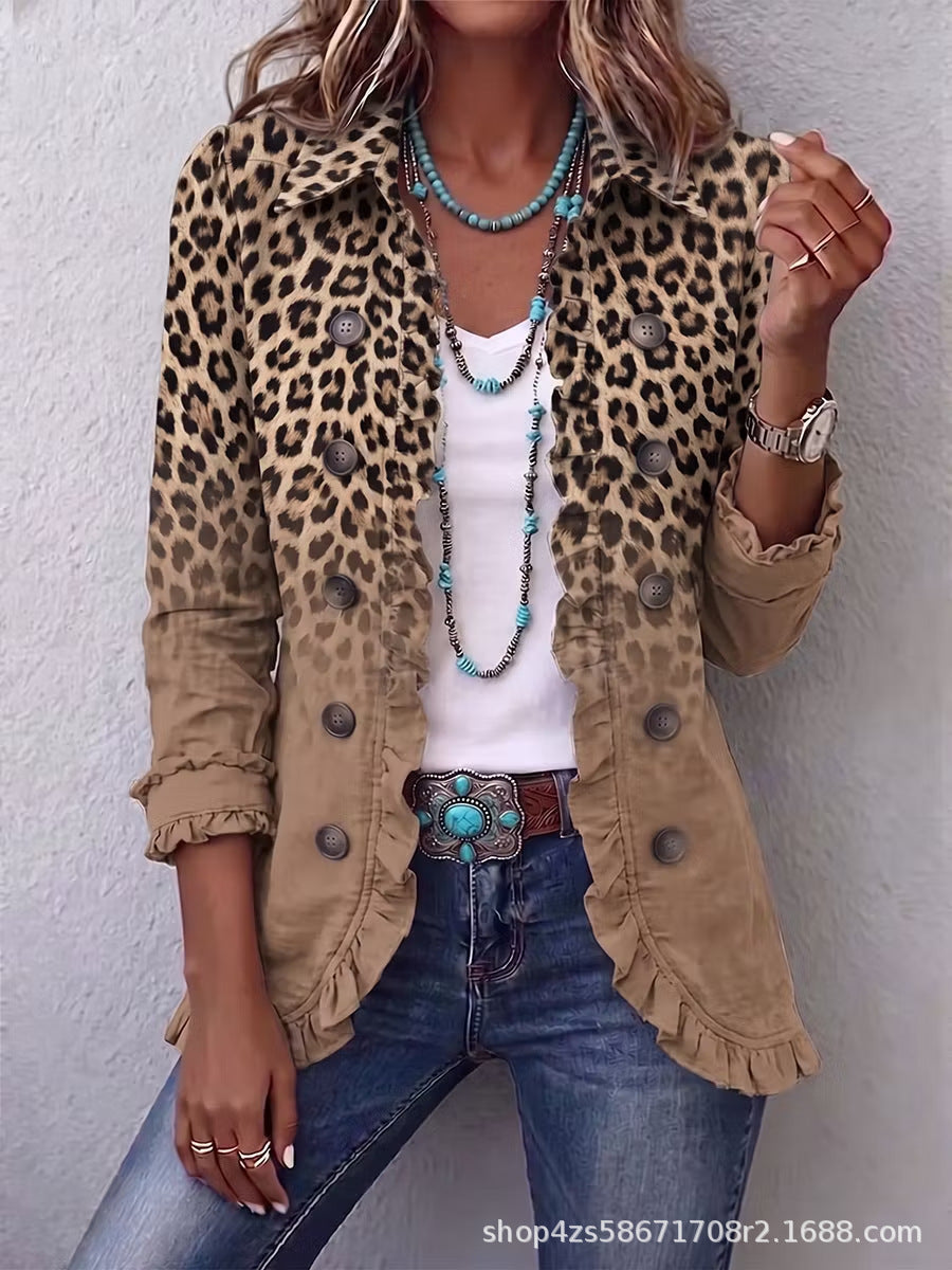 Women's Leopard Ruffle Button Down Long Sleeve Cardigan