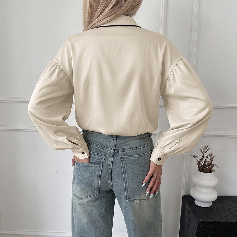 Contrast Trim Mandarin Collar Button Front Blouse