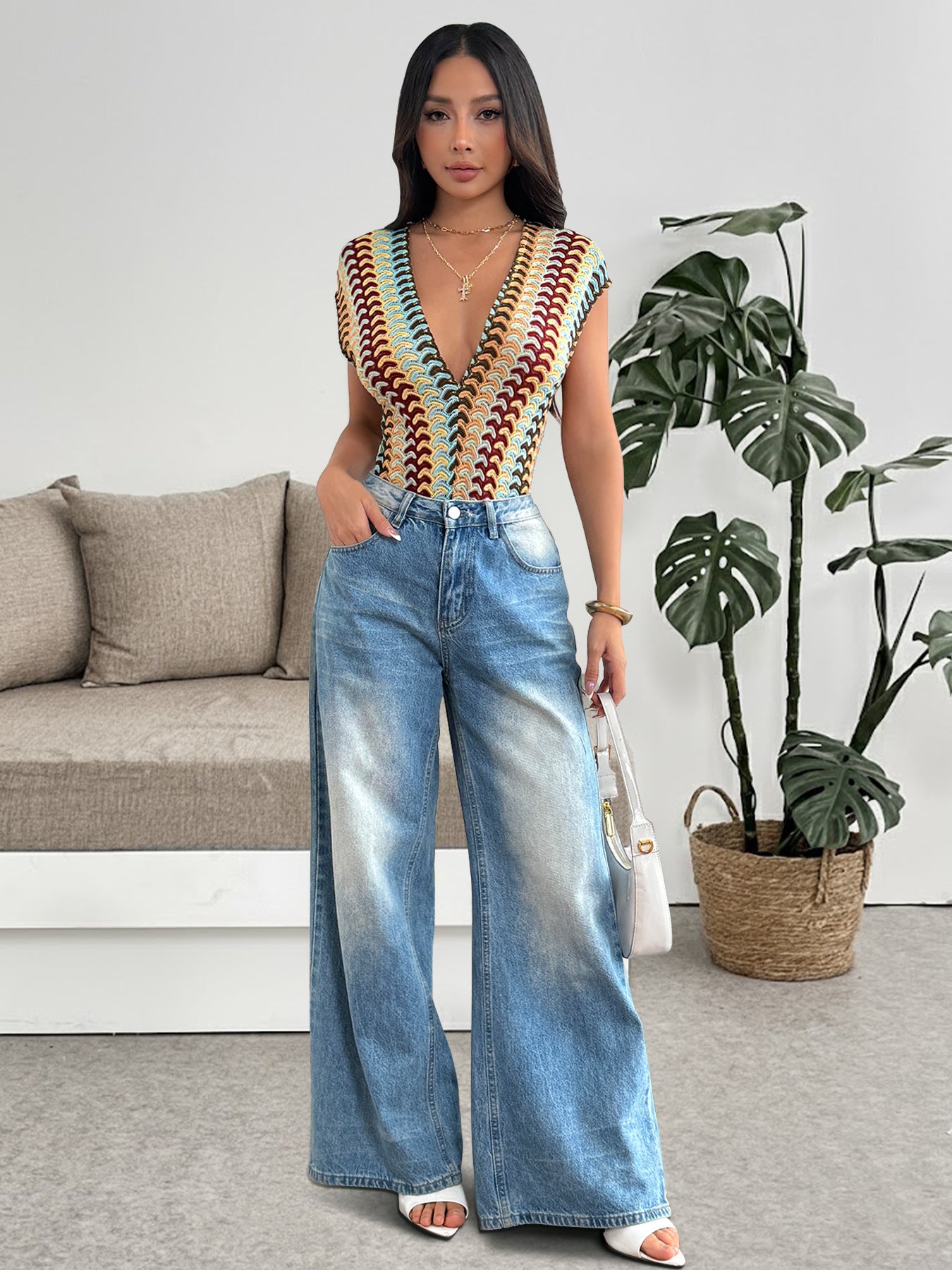 Boho Deep V Crochet Knit Bodysuit Top