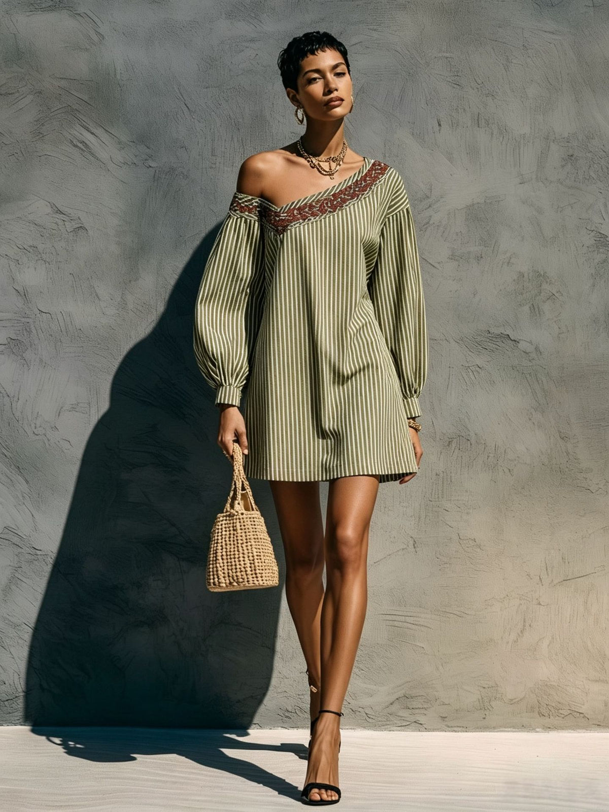 One Shoulder Striped Embroidered Lantern Sleeve Mini Dress