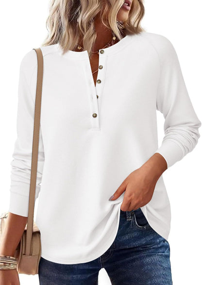 Waffle Knit Henley Top Button V Neck Long Sleeve Tee