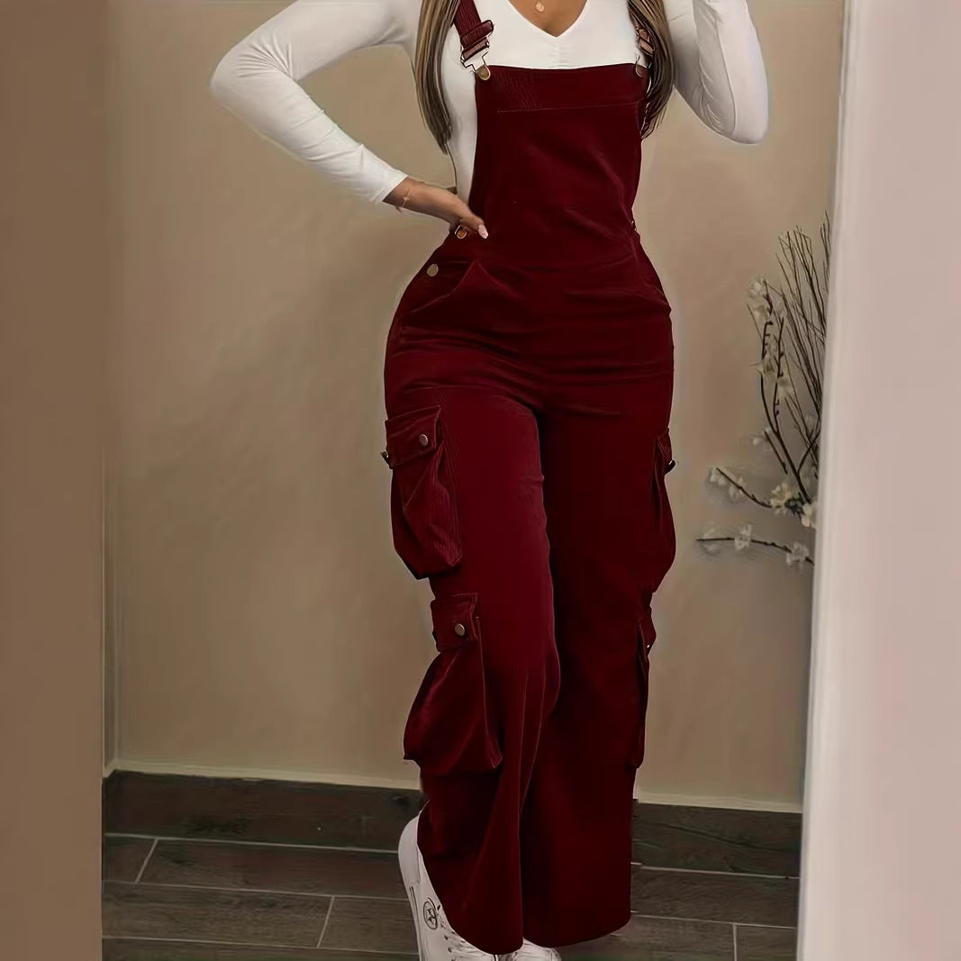 Women's Corduroy Cargo Overalls High Waist Jumpsuit