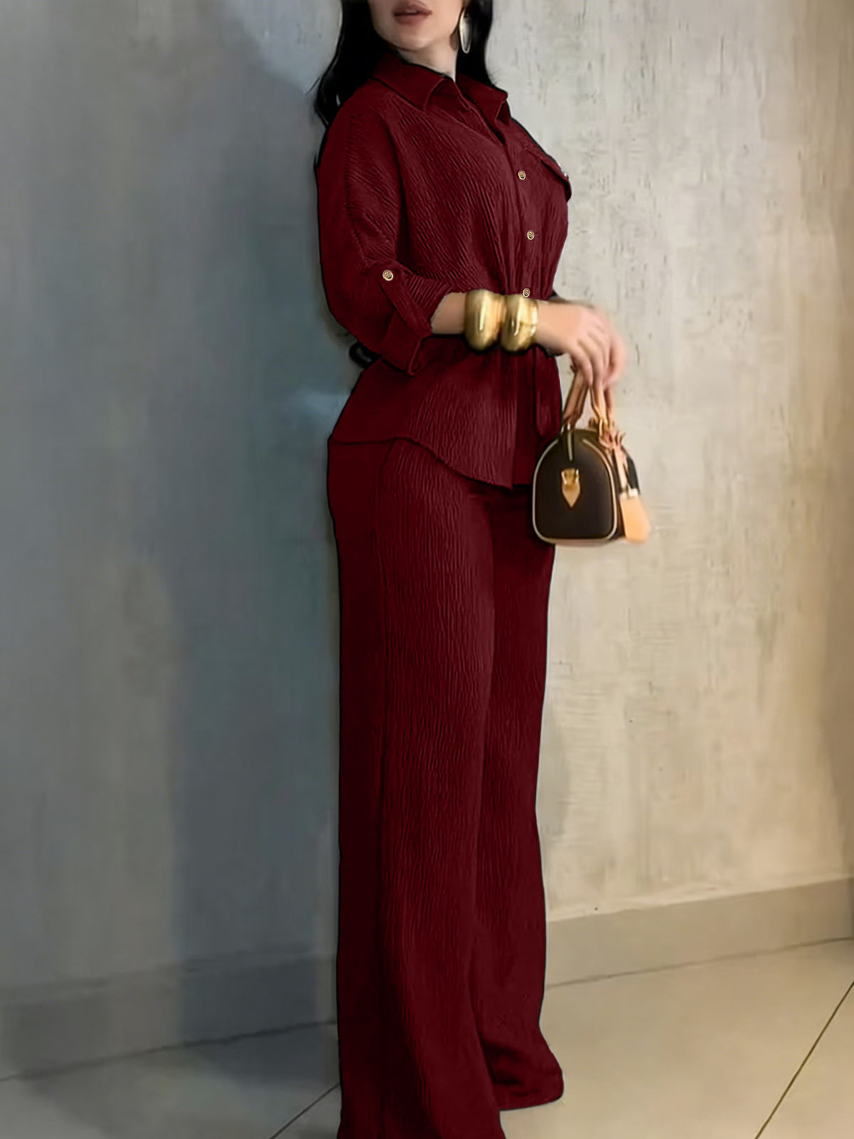 Women's Collared Button Down Shirt Wide Leg Pants 2PC Set