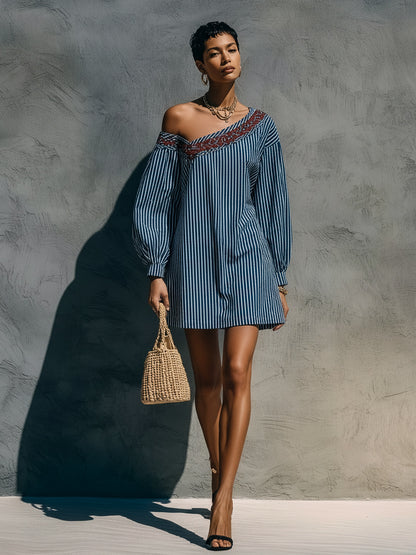 One Shoulder Striped Embroidered Lantern Sleeve Mini Dress