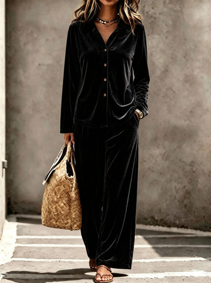 Women's Velvet Shirt Wide Leg Pants Two Piece Set