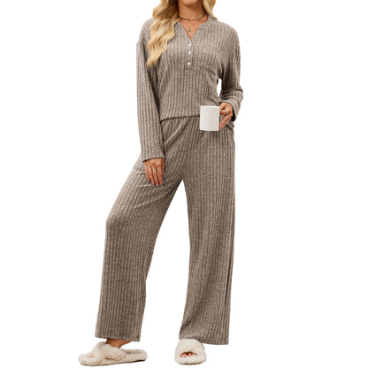 Women's Ribbed V-Neck Button Top Wide Leg Pants Lounge Set