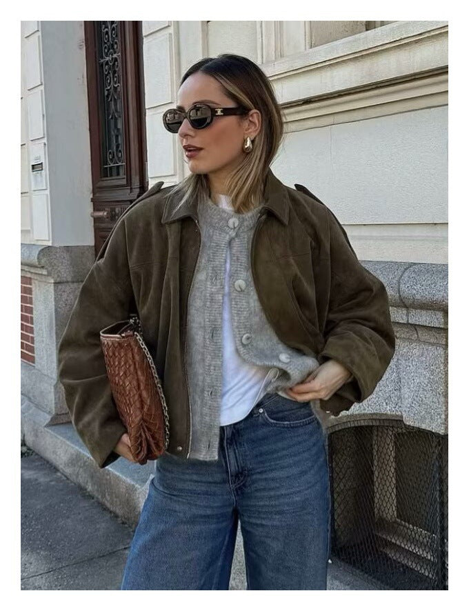 Womens Faux Suede Bomber Jacket Zip Up Collared