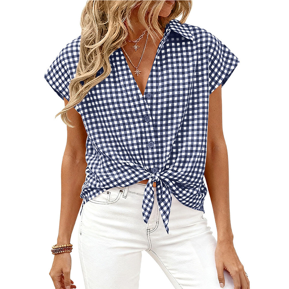 Gingham Button Down Short Sleeve Loose Fit Blouse