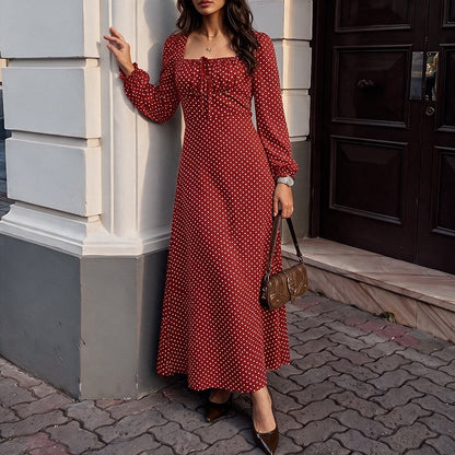 Red Polka Dot Square Neck Long Sleeve Maxi Dress