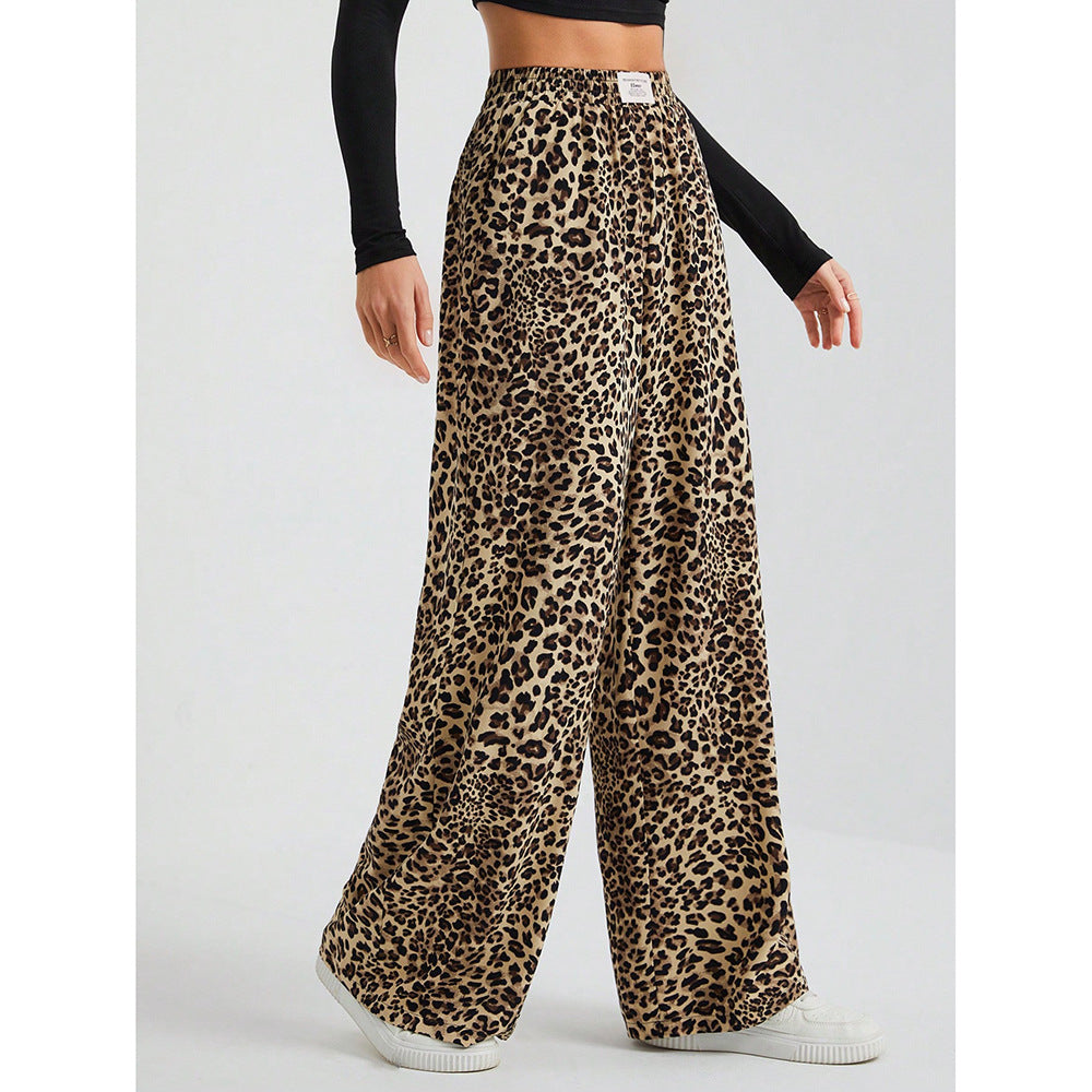 Leopard Print Wide Leg Pants High Waist Pocket Casual