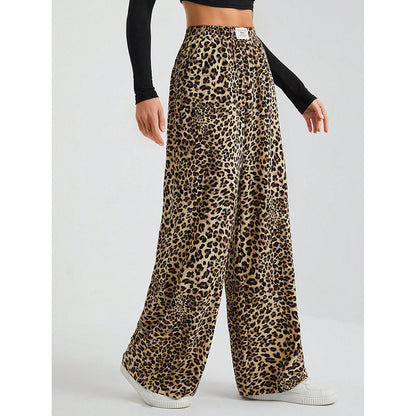 Leopard Print Wide Leg Pants High Waist Pocket Casual
